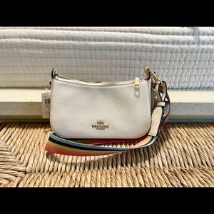 New Coach Jes Baguette Crossbody Bag/Refined Pebble Leather/White/Rainbow Strap